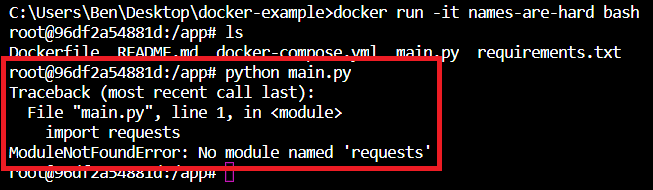 A screenshot of the command line. I tried to run main.py from inside the container but received a traceback “ModuleNotFoundError”